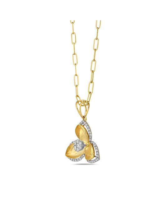 Artisan Metallic Yellow Gold Three Leaf Flower Diamond Necklace Handmade Jewelry