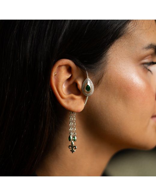 Ebru Jewelry Metallic Emerald Fleur De Lis Chain Unique Earring