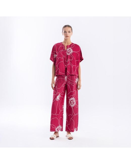 Haris Cotton Red Printed Satin Bolero Fuchsia Peonies