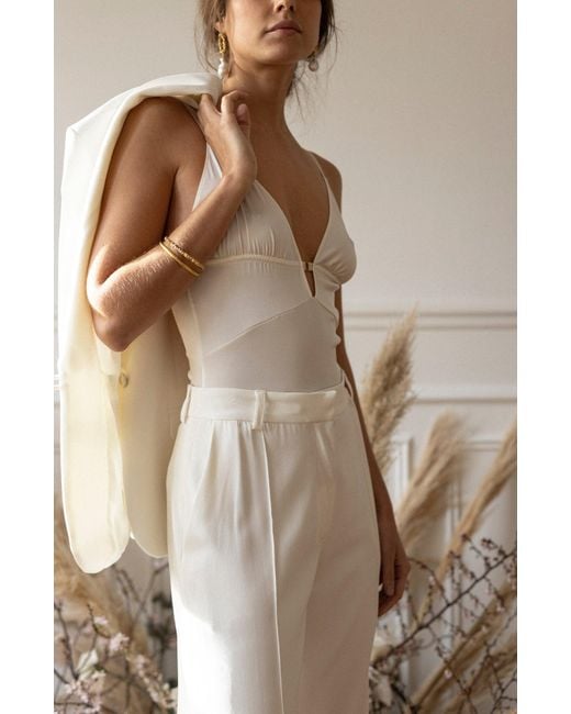 SAETA Paris Blue Neutrals Satin Silk & Jewelry Bodysuit