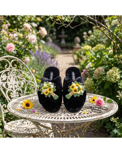 Laines London Blue Classic Laines Slippers With Bouquet Brooches