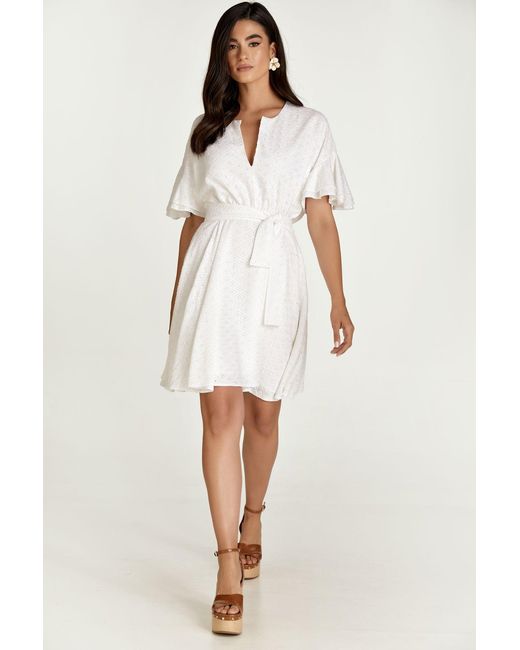 Conquista White Embroidered Dress With Ruffle Sleeves