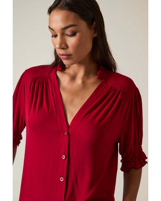 James Lakeland Red Burgundy V-Neck Jersey Blouse