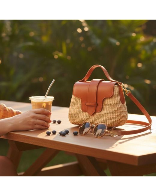 Silk and Bears Brown Handwoven Water Hyacinth Mini Crossbody Bag – Tan Leather Trim