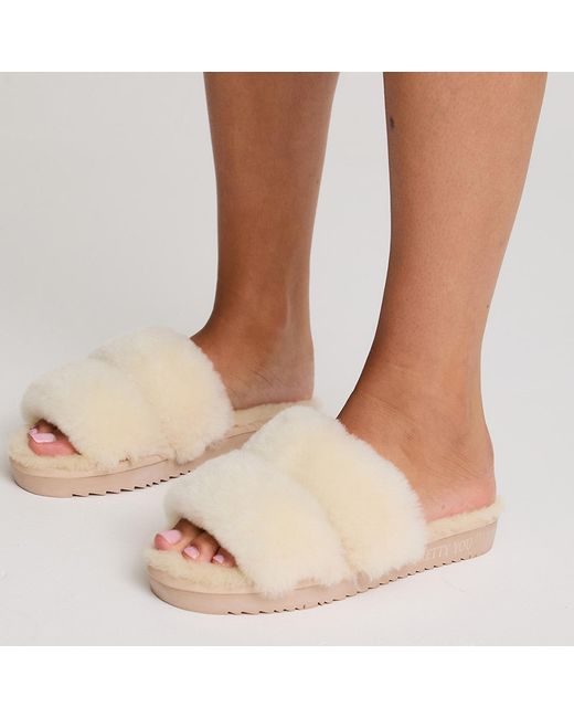 Pretty You London White Sheepskin Slider Slipper Jinx In Natural