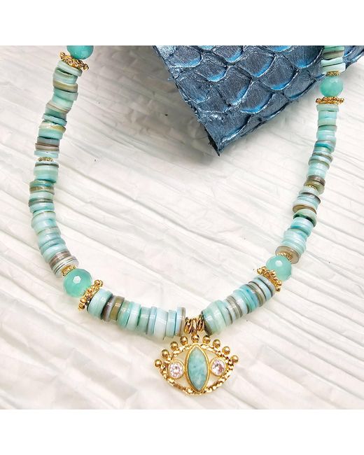 Farra Blue Shell With Turkish Evil Eye Pendant Necklace