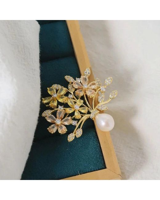 Angel Barocco Metallic Vintage Floral Zircon & Pearl Brooch
