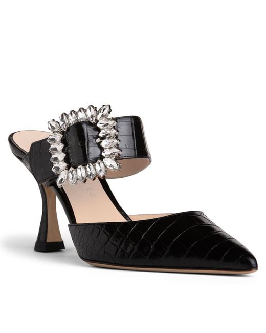 Beautiisoles by Robyn Shreiber Made in Italy Black Georgina Croc Leather Mule Sexy & Dressy Comfortable For Valentine Evening & Party With Rhinestones