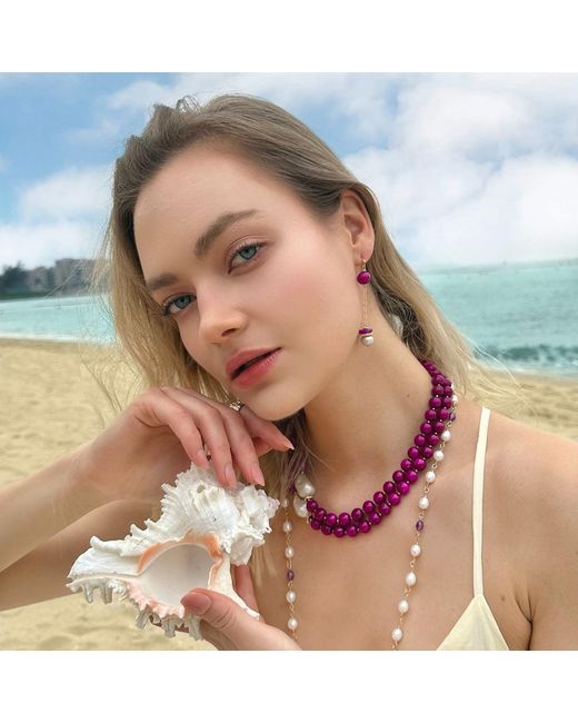 Farra Purple Freshwater Pearls And Gemstone Dangle Earrings