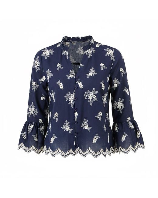 Yumi' Blue Broderie Shirt With Fluted Sleeves