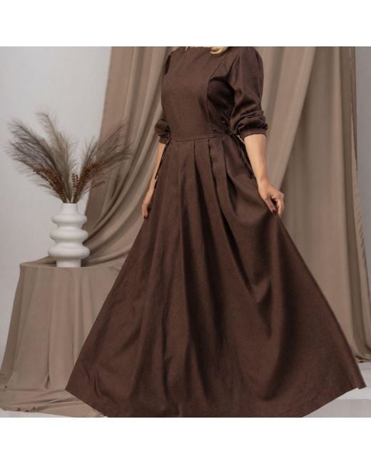 Nikka Place Brown Maxi Linen A-Line Dress With Bishop Sleeves And Pockets