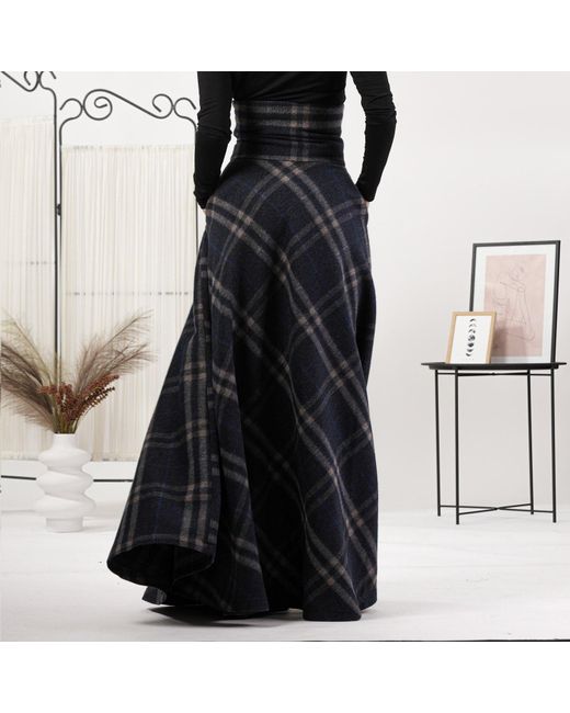 Nikka Place Blue Wool Tartan Floor Length Skirt With Ultra High Waist