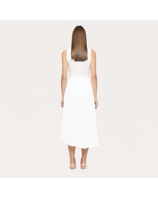 Nissa White Pearl-Trim Pleated Midi Skirt