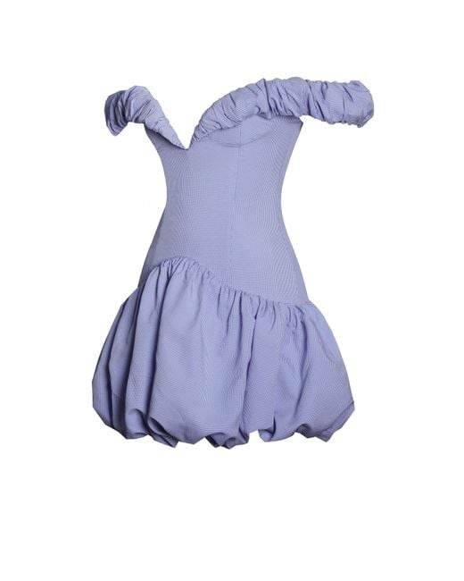 Miss Circle New York Blue Sablee Checkered Puffy Off Shoulder Trim Bubble Hem Mini Dress