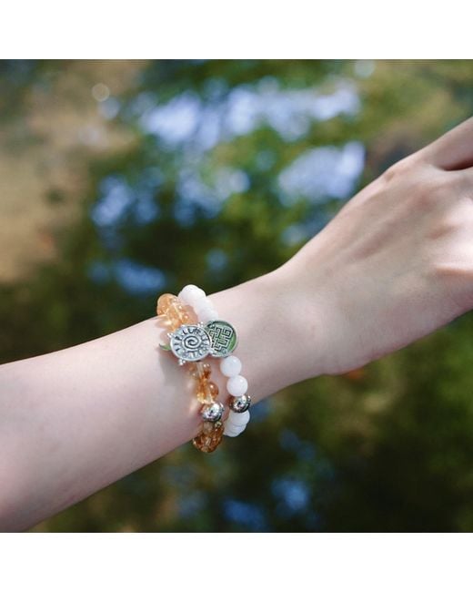 Aurozia Metallic Three Charms Solar Meridian Whitegold Plated Sundial And The Sun Crystal Citrine Beaded Bracelet