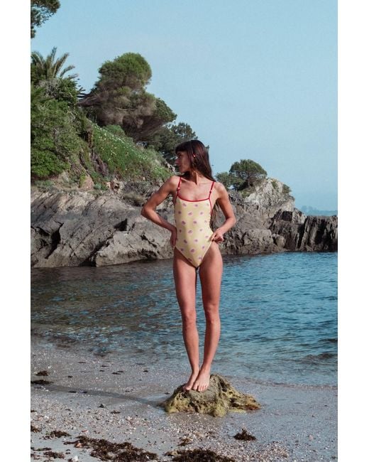 Par Y Escala Sl Yellow Jamu Print Beaded Strap One-Piece Swimsuit