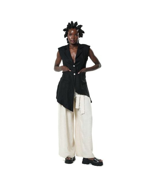Metamorph White Neutrals Paperbag High Waist Trousers With Linen