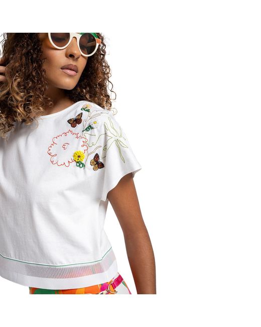 Lalipop Design White Embroidered Cropped Cotton T-Shirt With Hem Detailing