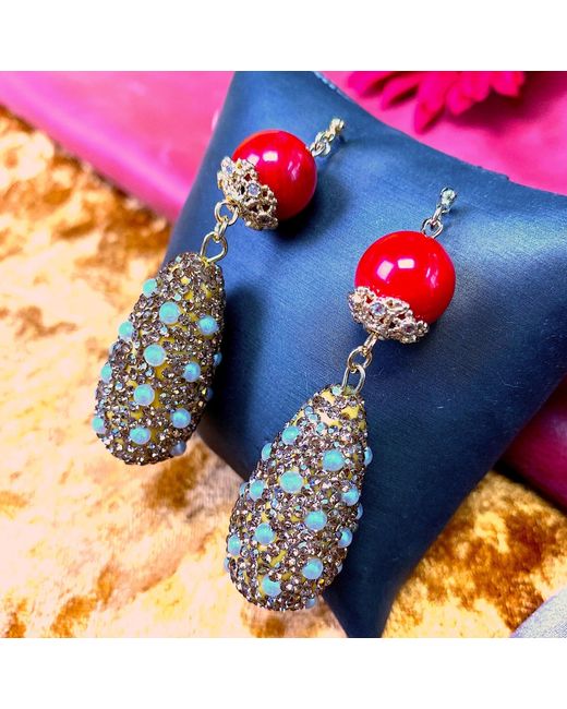 Farra Metallic Coral With Teardrop Rhinestones Statement Earrings