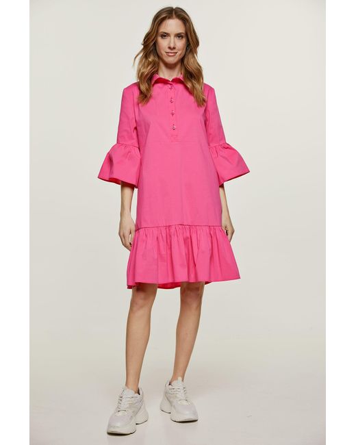 Conquista Pink Fuchsia Bell Sleeve Dress With Ruffle Hem