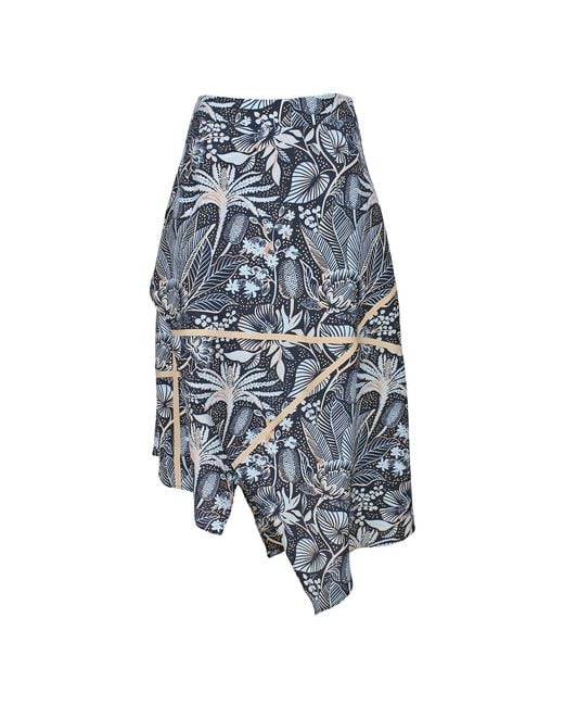 Lalipop Design Blue Floral Print Silky Touch Viscose Midi Asymmetric Skirt