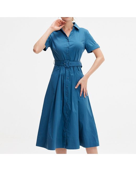 Smart and Joy Blue Flared Cotton Shirt Dress