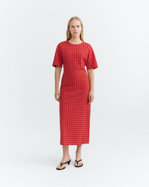 Thinking Mu Red Seersucker Long Dress With Back Opening Kina