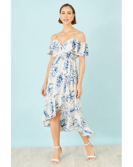 Yumi' Blue Neutrals Ivory Floral Print Bardot Midi Dress With Dip Hem
