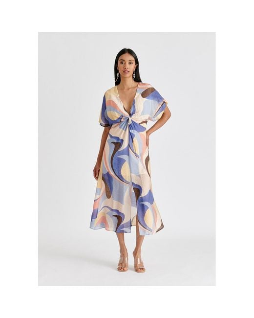 Paisie Blue Retro Wave Midi Dress With Twist Detail, Pastel, And