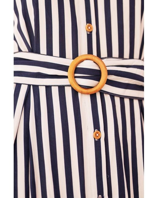 Yumi' Blue Stripe Print Relaxed Midi Shirt Dress With Belt