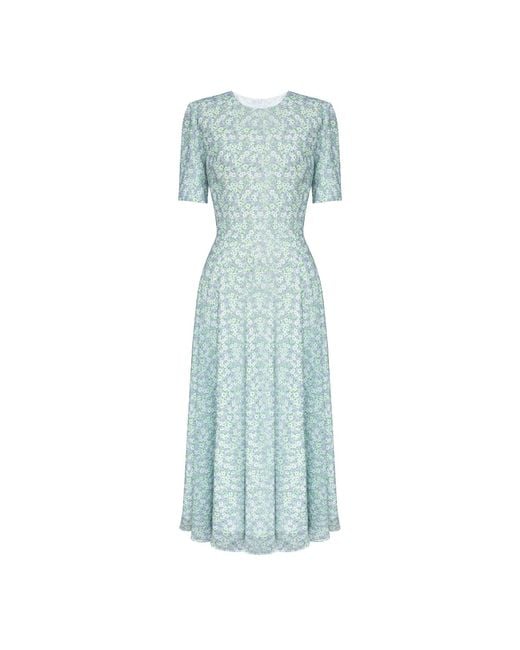 POST MERIDIEM Blue Short Sleeve Floral Midi Dress