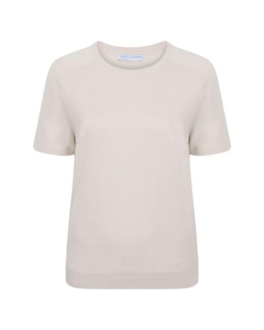 Paul James Knitwear White Neutrals Ultra Fine Cotton Cassie Saddle Shoulder Knitted T-Shirt