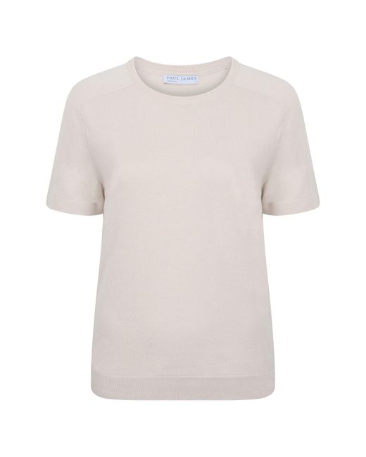 Paul James Knitwear White Neutrals S Ultra Fine Cotton Cassie Saddle Shoulder Knitted T-shirt