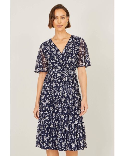 Yumi' Blue Floral Mesh Wrap Dress
