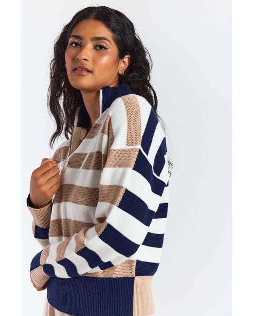 Brodie Cashmere Blue Mesh Stripe Half Zip