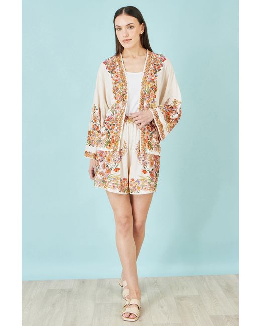Yumi' Metallic Neutrals Ivory Viscose Floral Border Kimono With Tie Belt