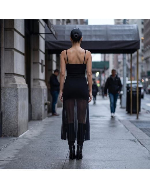 Modenaire Black Sheer Mesh Maxi Dress With Spaghetti Straps & A Fitted Silhouette