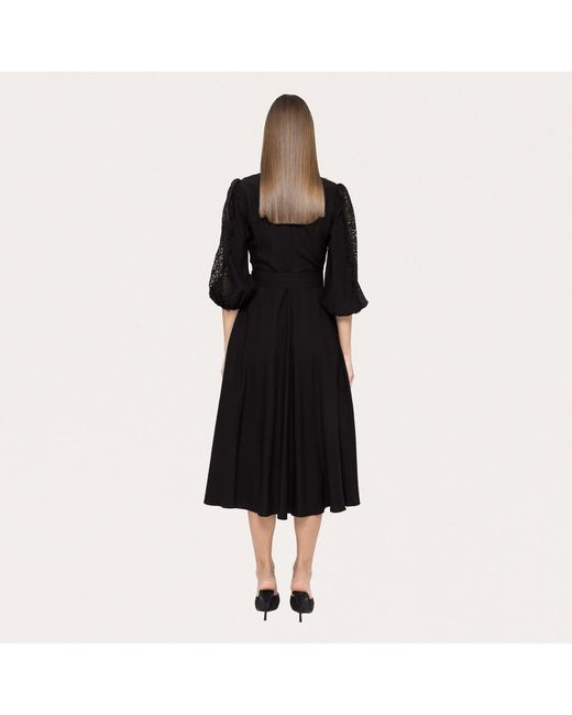 Nissa Black Lace-Insert Viscose Midi Dress