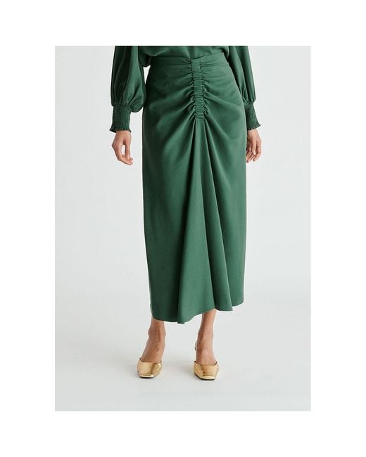 Paisie Green Ruched Front Midi Skirt