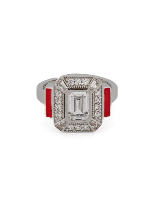 Ebru Jewelry White Sterling Silver Pave Diamond & Red Enamel Ring