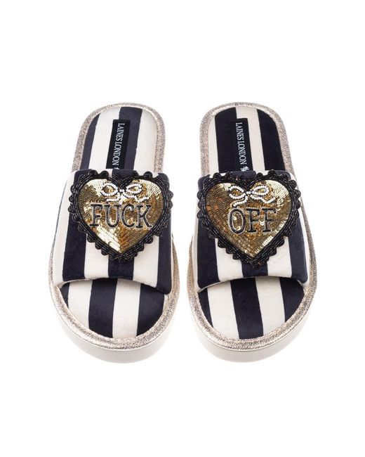 Laines London Black Flatform Stripe Open Toe Slippers With & Fuck Off Brooches
