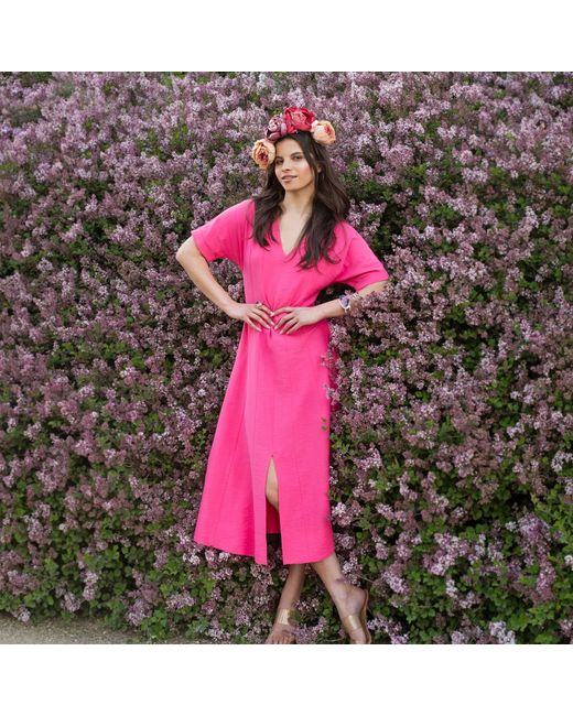 Oh!Zuza Pink Echo Viscose Midi Dress Short Sleeve With Pockets