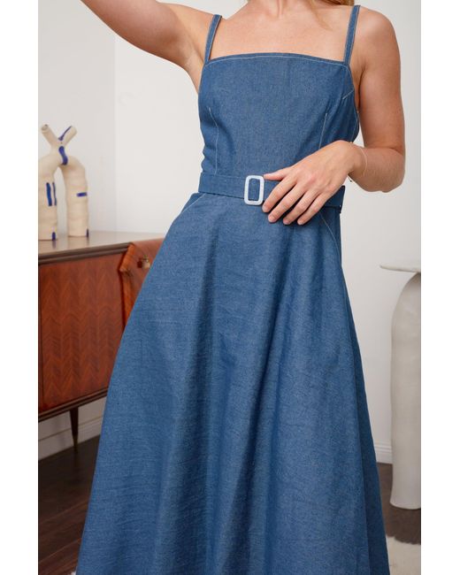 Undress Blue Matissa Denim Midi Dress With Retro Circle Skirt