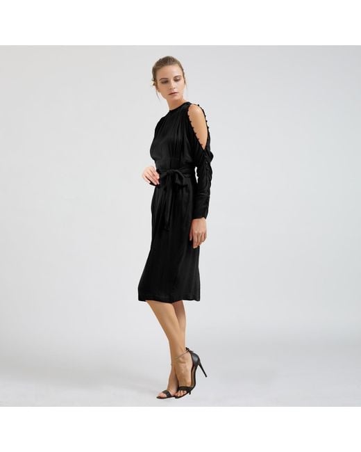 Smart and Joy Black Bat Sleeved Fitted Dress With Off-Shoulders