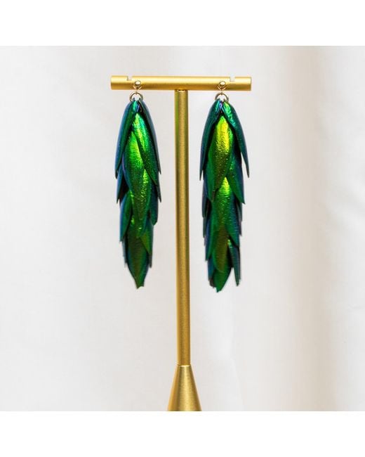 Oana Savu Green Beetle Earrings Long Metallic Natural Recycled Beetle Wings & Earrings