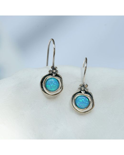 Isla Silver Blue Handmade Sterling Opal Earrings With Dainty Flower Detail