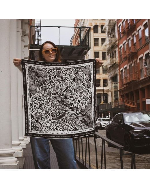 Jessie Zhao New York Black Double Sided Silk Scarf Of Garden