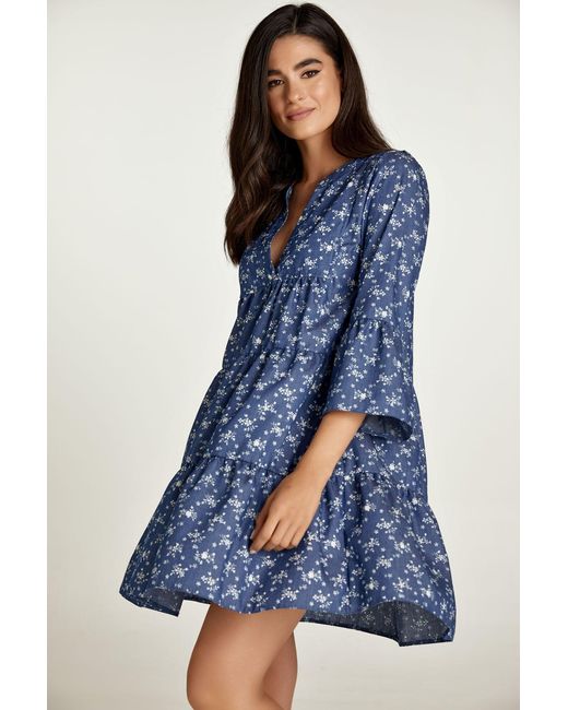 Conquista Blue Floral A Line Dress With Bell Sleeves