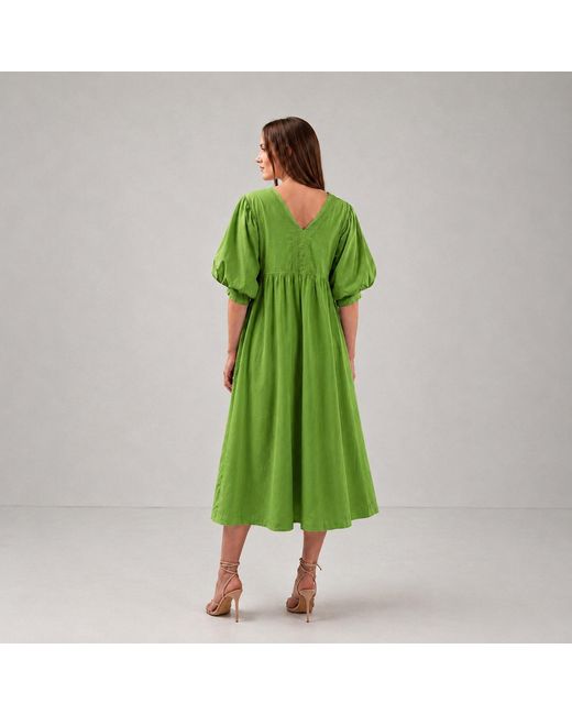IZABELA MANDOIU Green Cotton Midi Dress With Puff Sleeves And Lace Inserts