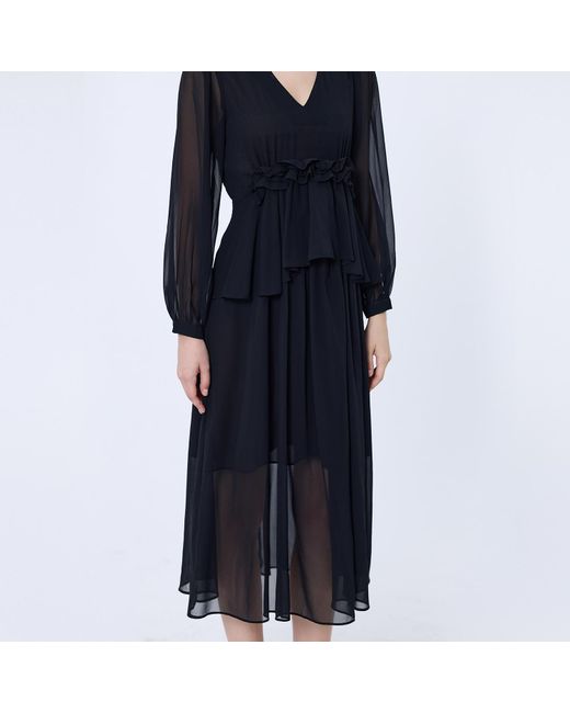 Smart and Joy Black Long Ruffle Chiffon Dress